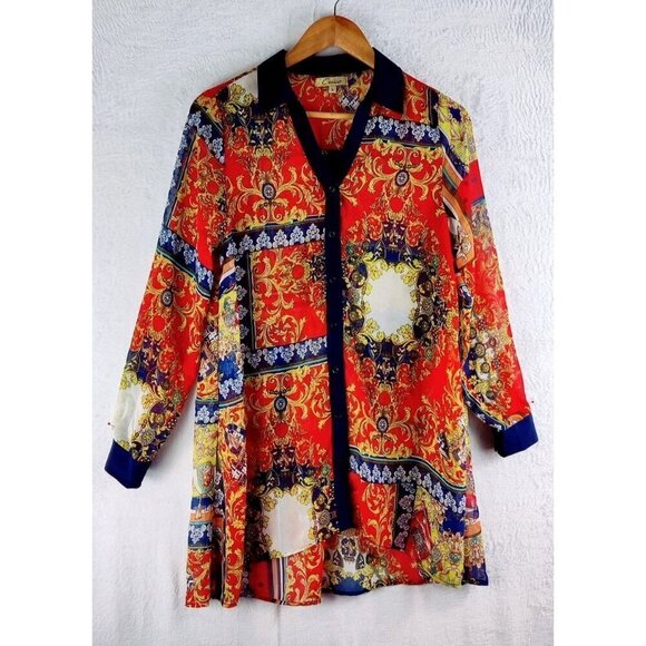 Cecico Tops - Kimona Blouse Jacket by Cecico Front Button Boho Light Weight Batik Longer Back